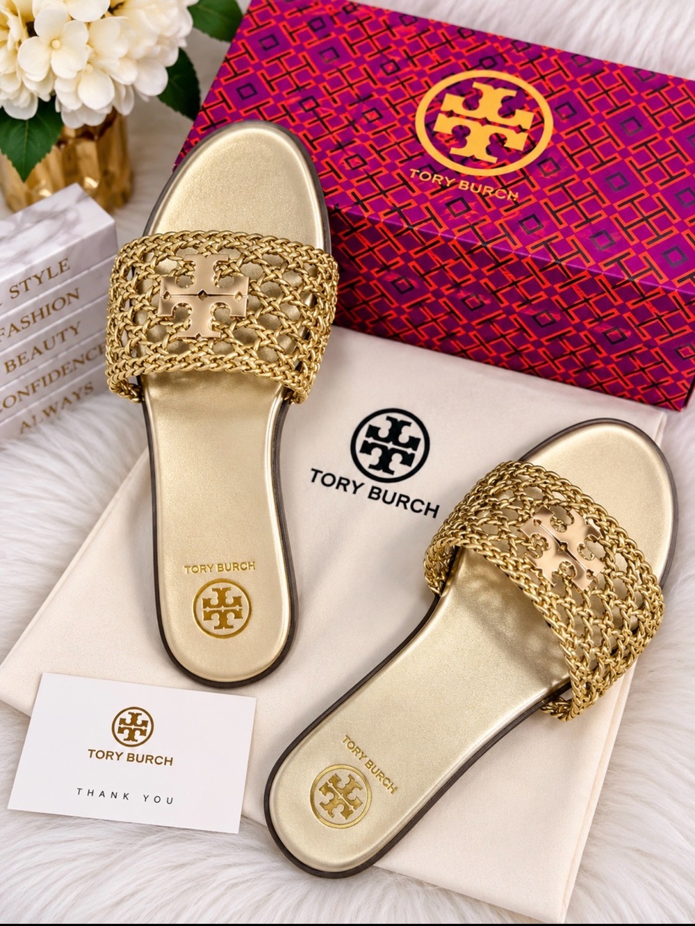 Tory Burch Metallic Gold Woven Logo Slide Sandals